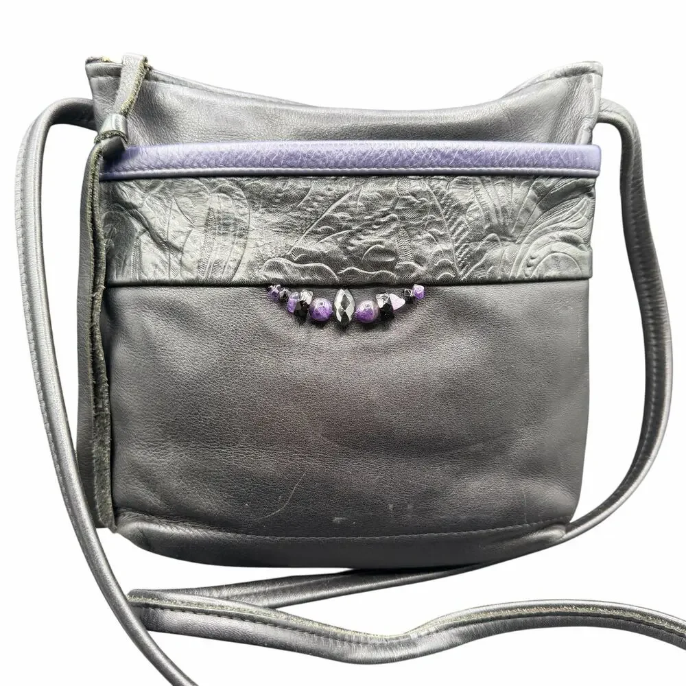 Handmade Black Leather Crossbody Bag Purple Beaded Accent